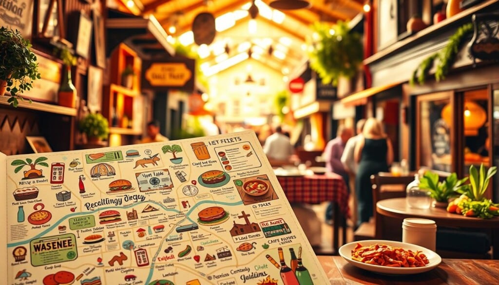 A warm, inviting community restaurant directory with a vibrant, hand-crafted aesthetic. In the foreground, a stylized map of the local area, featuring icons and illustrations of diverse eateries. The middle ground showcases a collage of mouthwatering food images, capturing the rich culinary offerings. The background is a cozy, neighborhood setting with lively street scenes, bustling with people and activity. Warm, natural lighting illuminates the scene, creating a welcoming and approachable atmosphere. The overall composition conveys a sense of connection, community, and the vibrant local food culture.