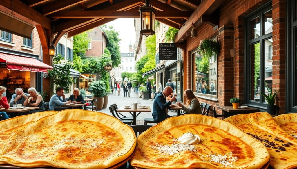A warm, inviting creperie nestled in a charming French-inspired streetscape. In the foreground, a display of freshly prepared crepes, their golden-brown exteriors glistening, adorned with an array of tempting toppings. Customers seated at intimate bistro tables, enjoying the aroma of freshly brewed coffee and the lively chatter of the lively neighborhood. In the middle ground, wooden beams, rustic brick walls, and antique light fixtures create a cozy, authentic ambiance. The background features quaint shops, cobblestone walkways, and lush greenery, evoking the character of a picturesque European town. Soft, natural lighting filters through large windows, casting a warm, welcoming glow over the scene. This idyllic creperie setting invites the viewer to savor the perfect blend of tradition, quality, and community.