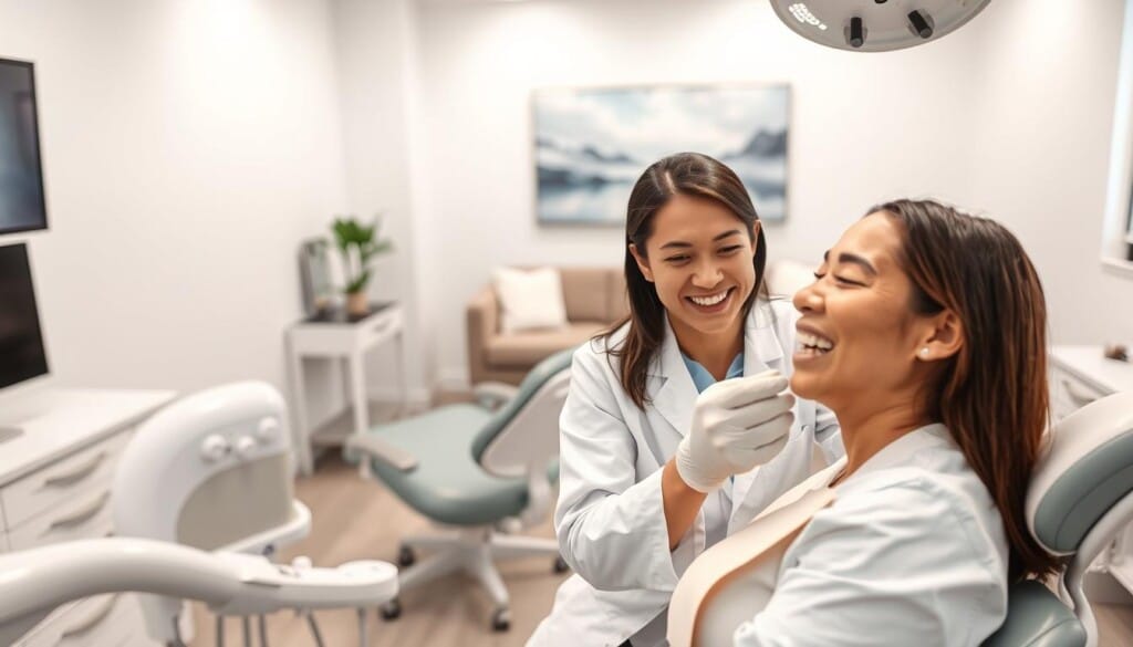 A warm, inviting dental office with pristine white walls, ergonomic chairs, and gleaming dental equipment. In the foreground, a friendly dentist in a crisp white coat smiles warmly as they carefully examine a patient's teeth using the latest technology. In the background, a tranquil waiting area with plush seating and soothing artwork, conveying a sense of relaxation and professionalism. The lighting is soft and natural, creating a calming atmosphere. The scene exudes a feeling of trust, comfort, and exceptional dental care.