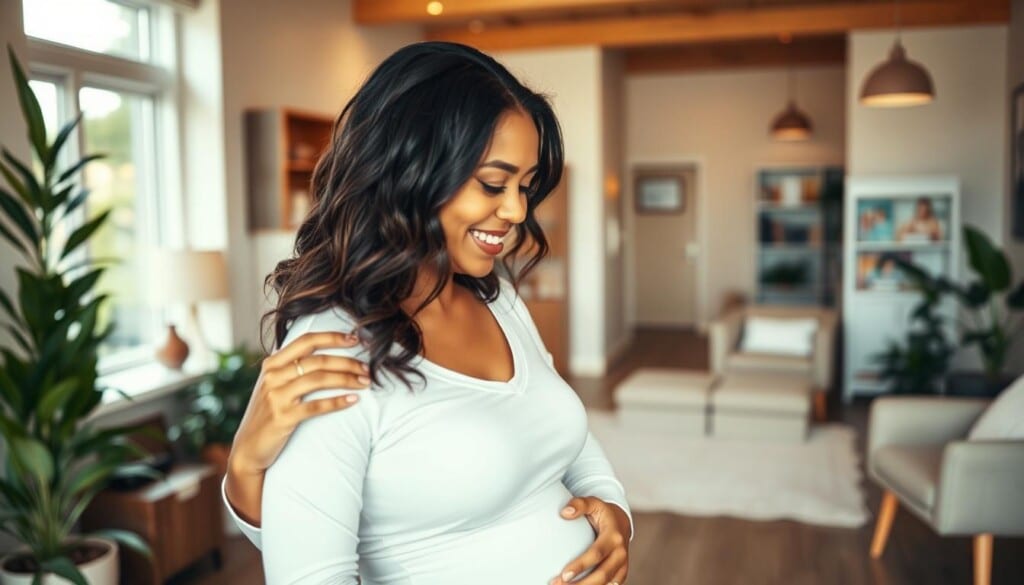 A warm, inviting interior of a midwifery clinic. In the foreground, a midwife tenderly assists a pregnant woman during a prenatal consultation, their faces radiant with care and compassion. In the middle ground, a soothing, well-equipped birthing suite with soft lighting and natural textures, conveying a sense of comfort and safety. In the background, a calming waiting area with plants, comfortable seating, and educational materials, reflecting the holistic approach to midwifery services. The overall atmosphere is one of empowerment, trust, and the nurturing support that midwives provide to mothers-to-be.