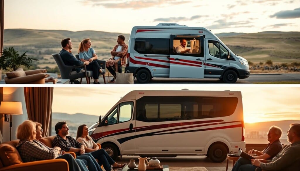 A warm, inviting living room setting with comfortable chairs and a cozy fireplace. In the foreground, a group of people are engaged in lively conversation, their faces filled with expressions of satisfaction and gratitude. The middle ground features a sleek, modern medical transport vehicle, its exterior gleaming and well-maintained. In the background, a serene landscape with rolling hills and a calming sky. Soft, diffused lighting creates a sense of intimacy and trust, while the overall composition conveys a feeling of security and reliability.