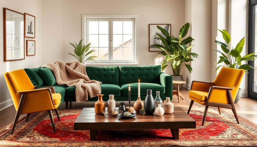 A warm, inviting living room showcasing the latest 2023 home decor trends. In the foreground, a plush velvet sofa in a rich emerald green hue sits atop a vintage Persian rug, complemented by a pair of mid-century modern armchairs in a complementary mustard yellow. The walls are adorned with minimalist framed artwork, and a large, cozy-looking knit throw blanket drapes over the sofa. In the middle ground, a low, wooden coffee table displays an assortment of decorative vases, candles, and succulents. Natural light floods the space through large windows, creating a soft, golden glow. In the background, a lush indoor plant fills a cozy corner, adding a touch of nature to the contemporary, yet cozy atmosphere.