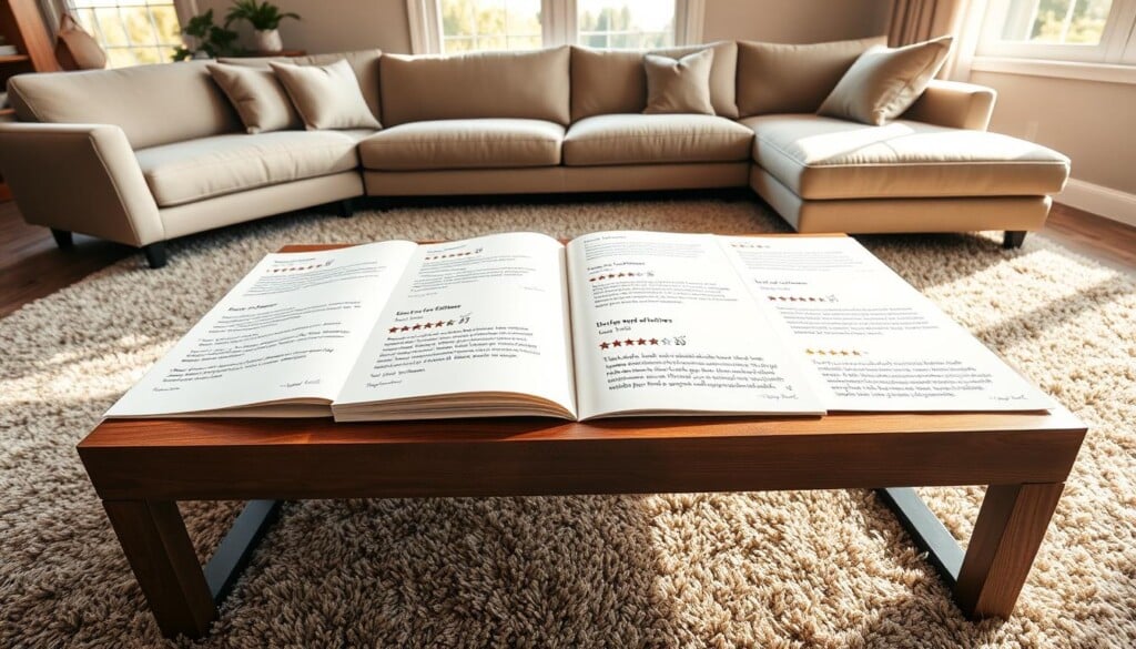 A warm, inviting living room with a plush, luxurious carpet under a large, modern sectional sofa. On the coffee table, various customer reviews and testimonials are displayed on crisp, white pages, with handwritten notes and star ratings scribbled in the margins. Soft, natural lighting filters in through large windows, casting a cozy glow over the scene. The overall atmosphere is one of comfort, satisfaction, and trust, reflecting the positive experiences of carpet installation customers.