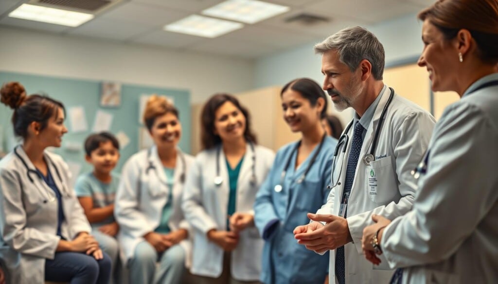 A warm, inviting medical clinic filled with caring pediatric healthcare providers on the digital platform LocalZ. In the foreground, a team of attentive doctors, nurses, and healthcare professionals engage with concerned parents, discussing their children's wellbeing with empathy and expertise. The middle ground showcases the LocalZ interface, displaying intuitive navigation and accessible health resources. The background depicts a soothing, family-friendly environment with soft lighting, calming colors, and subtle medical motifs, conveying a sense of comfort and trust. The overall atmosphere is one of professionalism, approachability, and a steadfast commitment to the health and wellness of young patients.