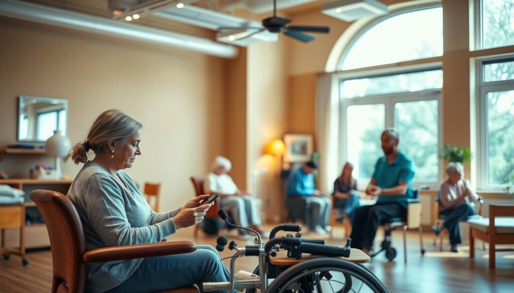 A warm, inviting occupational therapy clinic, with a cozy, well-lit interior. In the foreground, a patient undergoing a hands-on therapy session with an attentive therapist, utilizing specialized equipment and assistive devices. In the middle ground, a group of patients engaged in various activities, such as fine motor skill exercises and cognitive training. The background depicts soothing, earthy tones, with natural lighting filtering through large windows, creating a calming, therapeutic atmosphere. The scene conveys the personalized, holistic approach of occupational therapy, empowering individuals to regain independence and improve their quality of life.
