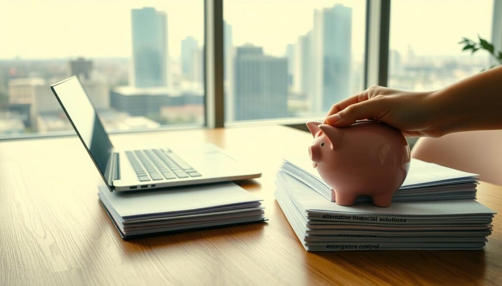 A warm, inviting office setting with a wooden desk, a laptop, and a stack of documents labeled "alternative financial solutions". In the foreground, a hand reaches for a piggy bank, symbolizing savings and emergency funds. The background features a cityscape through a large window, conveying a sense of financial security and control. Soft, natural lighting illuminates the scene, creating a calming, approachable atmosphere. The overall composition suggests a thoughtful, solutions-oriented approach to managing personal finances during challenging times.
