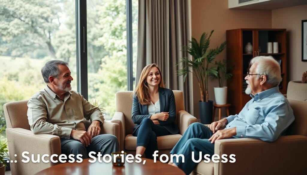 A warm, inviting office setting with comfortable furniture and natural lighting. Three people - a middle-aged man, a young woman, and an elderly gentleman - sit in armchairs, engaged in animated conversation. Their expressions convey a sense of satisfaction and trust. Behind them, a large window overlooking a tranquil, lush landscape. The room's decor features calming earth tones and subtle healthcare-related accents, creating an atmosphere of professionalism and care. A sense of positivity and well-being permeates the scene, reflecting the "Success Stories from Users" of the diagnostic services.