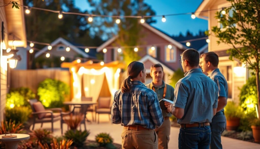 A warm, inviting outdoor scene with a focus on local outdoor lighting experts showcasing their expertise. In the foreground, a group of professionals in work attire stand together, discussing lighting fixtures and techniques. The middle ground features a well-lit patio or garden area, highlighting the impact of their services. In the background, a cozy, well-lit residential neighborhood sets the stage. The lighting is a mix of soft, warm tones and strategic spotlights, creating a harmonious and welcoming atmosphere. The overall composition conveys the expertise and dedication of these local outdoor lighting providers.