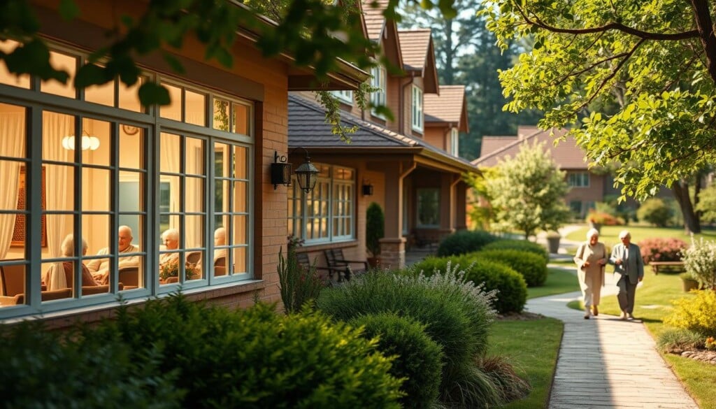 A warm, inviting retirement home nestled in a lush, verdant landscape. The exterior features a well-maintained facade with tasteful, traditional architecture, conveying a sense of comfort and security. Through large, sun-drenched windows, glimpses of cozy, well-appointed interiors can be seen, hinting at the attentive care and quality amenities within. Elderly residents stroll along meandering pathways, enjoying the serene ambiance and well-manicured gardens. Soft, natural lighting filters through, creating a tranquil atmosphere that promotes a sense of ease and contentment. A harmonious blend of modern conveniences and timeless design elements that prioritize the wellbeing and dignity of the residents.