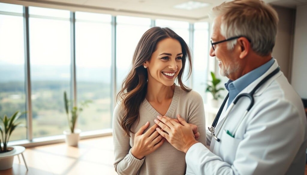 A warm, inviting scene of an osteopathic physician gently examining a patient, radiating compassion and attentiveness. In the foreground, the physician's hands delicately palpate the patient's body, their faces reflecting a shared moment of trust and understanding. The middle ground showcases a soothing, modern medical office, with soft lighting and calming colors that create a tranquil atmosphere. In the background, a panoramic window overlooks a serene, natural landscape, emphasizing the holistic approach of osteopathic care. The composition conveys the personalized, whole-person focus of an osteopathic physician, their dedication to patient wellbeing, and the harmonious integration of mind, body, and environment.