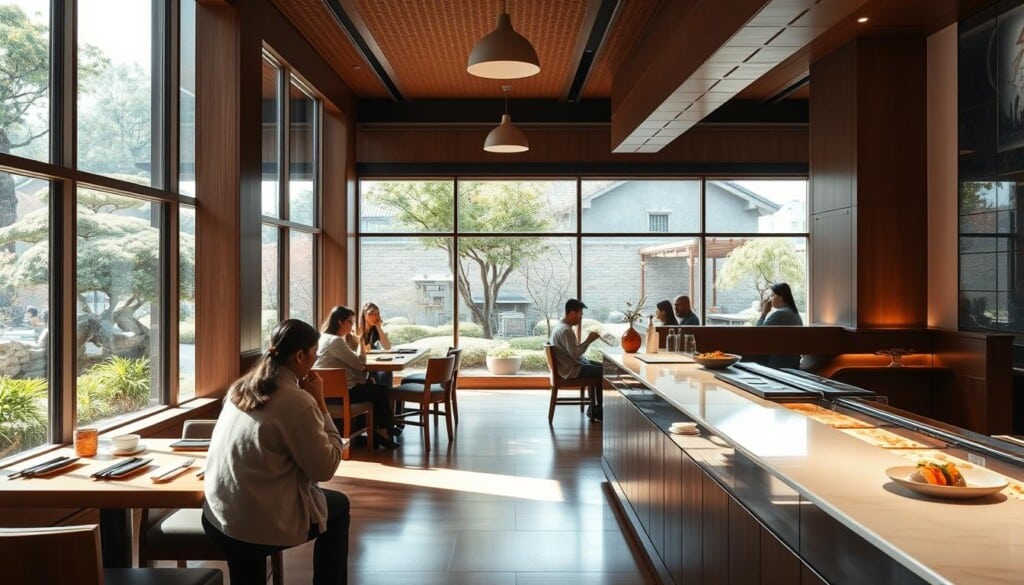 A warm, inviting sushi restaurant interior with a modern, minimalist design. Natural light streams through large windows, casting a soft glow on the clean, wooden furnishings and sleek sushi bar. In the foreground, a patron sits at the bar, watching as a skilled sushi chef meticulously prepares a delicate nigiri platter. The middle ground features other diners enjoying their meals, engaged in lively conversation. The background showcases a serene Japanese garden visible through the windows, complementing the serene atmosphere. The overall scene conveys a high-end, sophisticated sushi dining experience.