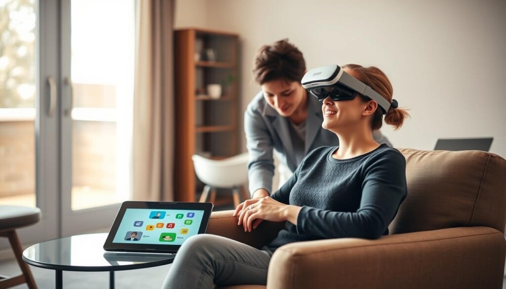 A warm, inviting therapy room with natural light streaming through large windows. In the foreground, a patient sitting comfortably on a plush armchair, engrossed in a virtual reality headset, their expression one of deep focus and calm. On a side table, a sleek tablet displays colorful interactive therapy exercises. In the middle ground, a speech therapist leans in, guiding the patient, their face lit by the soft glow of a laptop screen. The background showcases modern, minimalist decor, subtle technology seamlessly integrated to enhance the therapeutic experience. The overall atmosphere is one of innovation, personalized care, and the harmonious fusion of healthcare and cutting-edge technology.