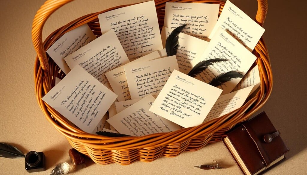 A warm-lit, handcrafted wooden gift basket overflows with heartfelt customer reviews, each neatly penned on parchment-like paper. The basket's intricate woven design casts intriguing shadows, evoking a cozy, intimate atmosphere. Scattered about are elegant quill pens, ink wells, and a small leather-bound notebook, suggesting the care and attention given to these customer testimonials. The background is a soft, muted palette, allowing the basket and its contents to take center stage, highlighting the importance of customer feedback in the luxury gift basket shopping experience.