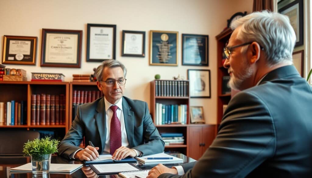 A warm-lit home office with a well-appointed desk and bookshelves, conveying professionalism and expertise. In the foreground, a thoughtful family attorney in a tailored suit, engaging in an earnest discussion with a concerned client. Behind them, a wall showcases framed degrees and accolades, establishing credibility. The overall atmosphere is one of trust, understanding, and the calm confidence of an experienced legal practitioner, gently dispelling common misconceptions about family law representation.