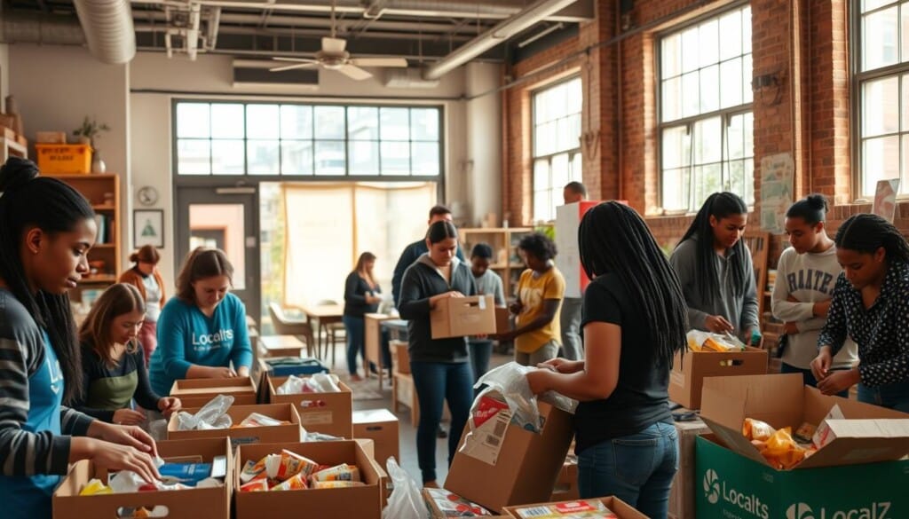 A warm, vibrant community center in a bustling city neighborhood. In the foreground, a group of volunteers are sorting and packing boxes of food and supplies for local families in need. The middle ground showcases a cozy lounge area where residents gather for social events, job training workshops, and after-school programs for children. In the background, large windows flood the space with natural light, highlighting the welcoming, inclusive atmosphere. The overall scene conveys a sense of togetherness, empowerment, and the positive impact of grassroots community initiatives led by the LocalZ organization.