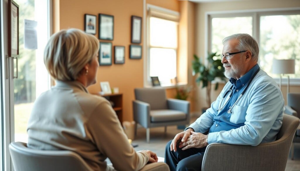 A warm, welcoming doctor's office with vibrant natural lighting filtering through large windows. In the foreground, a patient sits across from a knowledgeable pulmonologist, engaged in a thoughtful discussion. The pulmonologist's expression conveys empathy and authority, guiding the patient through their healthcare options. In the middle ground, diplomas and medical awards adorn the walls, instilling confidence. The background features modern, comfortable furnishings that cultivate a calming atmosphere, encouraging open dialogue. The overall scene evokes a sense of trust, expertise, and personalized care - the key elements in choosing the right pulmonologist.