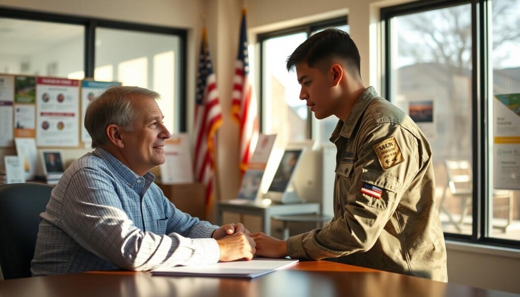 A warm, welcoming office space with a veteran advisor assisting a young military service member. Soft natural lighting filters through large windows, casting a calm glow. The advisor sits at a desk, leaning forward with an empathetic expression, discussing available support services and resources. The veteran listens intently, relieved to find guidance. In the background, informational brochures and a bulletin board showcase various community programs. An American flag hangs discreetly, symbolizing the veteran's service. The scene conveys a sense of trust, care, and the availability of tailored assistance to help this hero get the support they need.