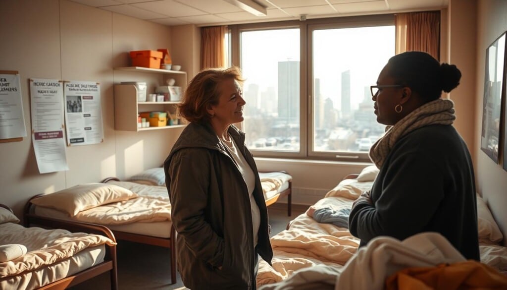 A warm, welcoming shelter with rows of comfortable beds, shelves stocked with essential supplies, and a notice board displaying information on local support services. In the foreground, a caseworker offers guidance to a person in need, their expression compassionate. Framed by a large window, the midground shows a city skyline, a reminder of the urban context. Soft, natural lighting filters in, creating a sense of hope and security. The overall atmosphere conveys a safe haven for those experiencing homelessness, ready to provide the resources they require.