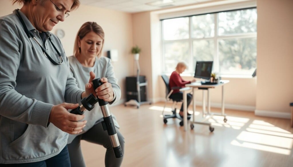 A warm, well-lit rehabilitation clinic with a focus on occupational therapy. In the foreground, a patient carefully maneuvers a prosthetic limb under the watchful gaze of a skilled occupational therapist, their hands guiding and encouraging. In the middle ground, another patient works on dexterity exercises at a well-equipped workstation, surrounded by assistive devices and adaptive equipment. The background features soothing neutral tones, with large windows allowing natural light to flood the space, creating a serene and calming atmosphere. The overall scene conveys the collaborative nature of occupational therapy, where patients are empowered to regain independence and reclaim their sense of self through personalized, compassionate care.
