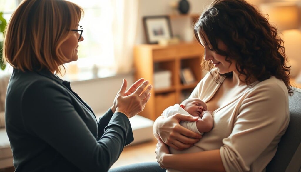 A warm, well-lit scene depicting a lactation consultant gently guiding a new mother through the process of breastfeeding. The consultant, dressed in professional attire, sits facing the mother, their hands clasped as they discuss techniques. The mother, cradling her newborn, appears relaxed and attentive. In the background, a soft focus depicts a cozy, welcoming office setting with soothing decor. Soft, natural lighting creates a nurturing atmosphere, conveying the consultant's expertise and the mother's trust in their guidance.