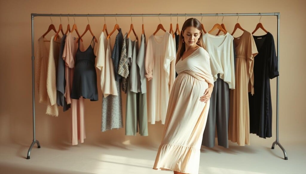 A warm, well-lit studio scene showcasing a range of modern maternity fashion. In the foreground, a pregnant model gracefully poses, wearing a flowing, empire-waist dress in a soft, pastel color. Behind her, an array of maternity tops, dresses, and pants in various styles and fabrics, including knit, lace, and chiffon, are artfully displayed on hanging racks. The background features a minimalist, neutral-toned backdrop, allowing the clothing to take center stage. Gentle shadows and highlights accentuate the textures and silhouettes, creating a cohesive, visually appealing composition that captures the essence of stylish and comfortable maternity wear.