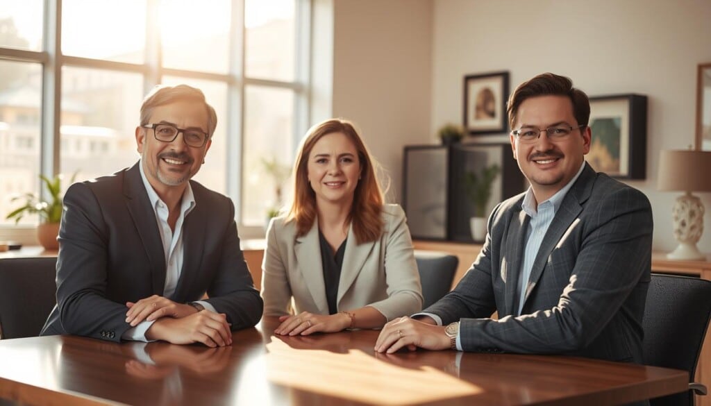 A warmly lit office interior, with three confident and knowledgeable auto loan experts seated at a modern, minimalist desk. Soft natural lighting filters through large windows, casting a gentle glow across their faces. They are dressed in professional attire, exuding an air of expertise and approachability. Their expressions convey a sense of engagement and a willingness to assist customers. The background features tasteful decor, subtly hinting at the institution's trustworthiness and attention to detail. The overall scene aims to inspire confidence in the viewer, highlighting the personalized service and guidance available from these local auto loan experts.