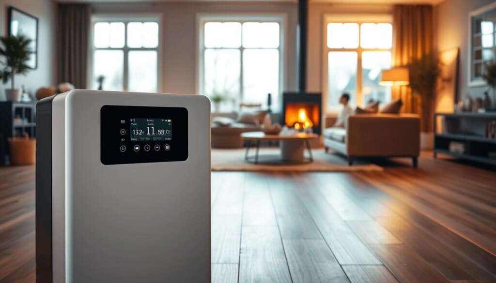 A warmly lit scene of a modern home's interior, showcasing a prominent heating system display from the company "LocalZ". In the foreground, the heating unit stands out with its sleek, minimalist design, its controls and display panel illuminated with a soft glow. In the middle ground, the room is tastefully decorated, with a cozy fireplace and plush furniture creating a inviting ambiance. The background reveals large windows, allowing natural light to filter in and enhance the overall atmosphere. The lighting is gentle, casting a comforting, homely feel throughout the space. The entire composition conveys the idea of efficient, reliable heating solutions provided by LocalZ, seamlessly integrated into a welcoming, comfortable living environment.