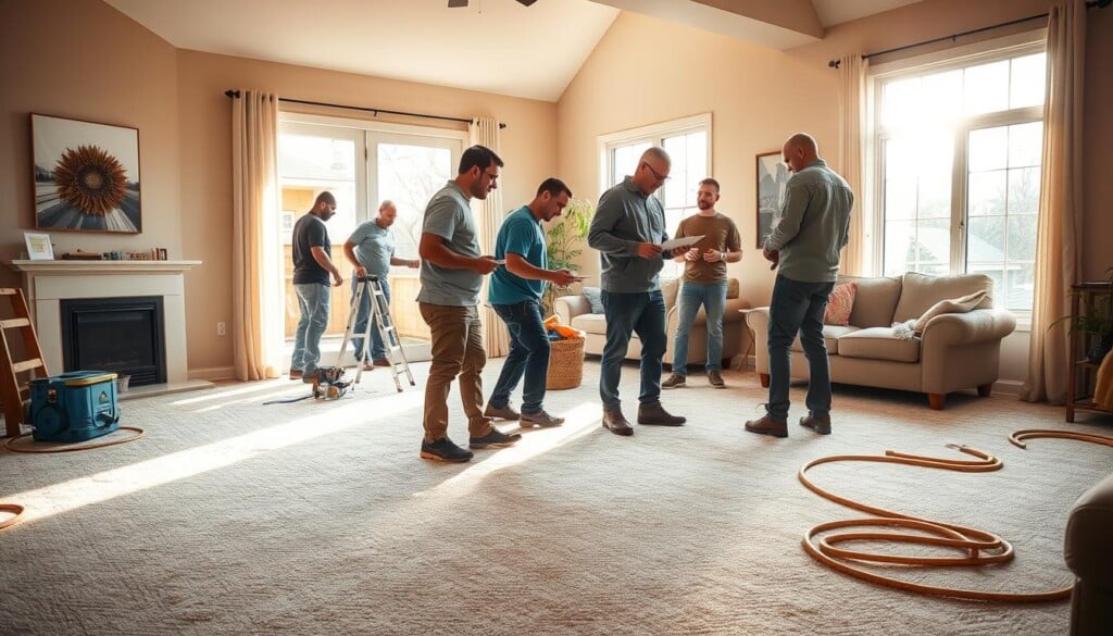 A welcoming residential living room, flooded with warm natural light from large windows. Plush, freshly laid carpeting in a neutral tone covers the floor, its fibers softly glowing. A team of professional installers meticulously examine the room, discussing measurements and carefully planning the installation workflow. Tools and materials are neatly arranged, ready for the seamless integration of the new carpet. Anticipation and satisfaction fill the air as the homeowners observe the process, imagining the transformed space. Subtle shadows and highlights accentuate the textures, creating a sense of depth and realism. An atmosphere of collaboration, expertise, and attention to detail permeates the scene.