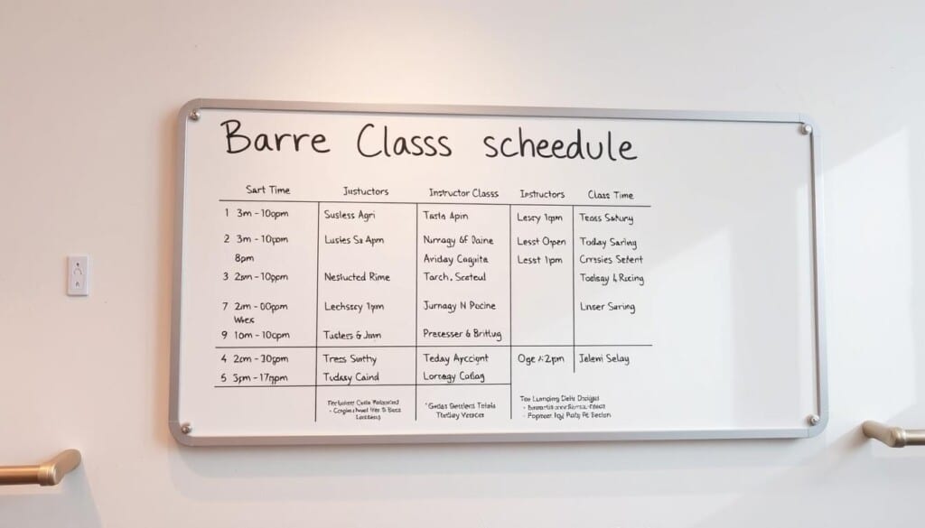 A well-designed barre class schedule displayed on a clean, minimalist whiteboard. Soft, natural lighting illuminates the schedule's crisp, modern typography and neatly organized layout. The board's surface has a matte, textured finish, creating a premium, high-end aesthetic. The schedule features class times, instructor names, and class descriptions in a clear, easy-to-read format. The overall atmosphere conveys a sense of professionalism, attention to detail, and a premium barre fitness experience.