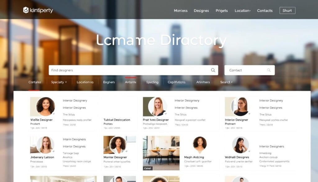A well-designed business directory for interior designers, presented on a sleek, modern website interface. In the foreground, a clean, minimalist layout showcases individual designer profiles, each with high-quality portfolio images, detailed bios, and contact information. The middle ground features a prominent search bar and filtering options, allowing users to effortlessly find designers based on specialty, location, or style. In the background, a soft, blurred cityscape provides a subtle sense of urban sophistication, complementing the directory's purpose of connecting designers with potential clients. The overall mood is one of professionalism, accessibility, and inspiration, inviting users to explore and discover the perfect interior design partner for their needs.