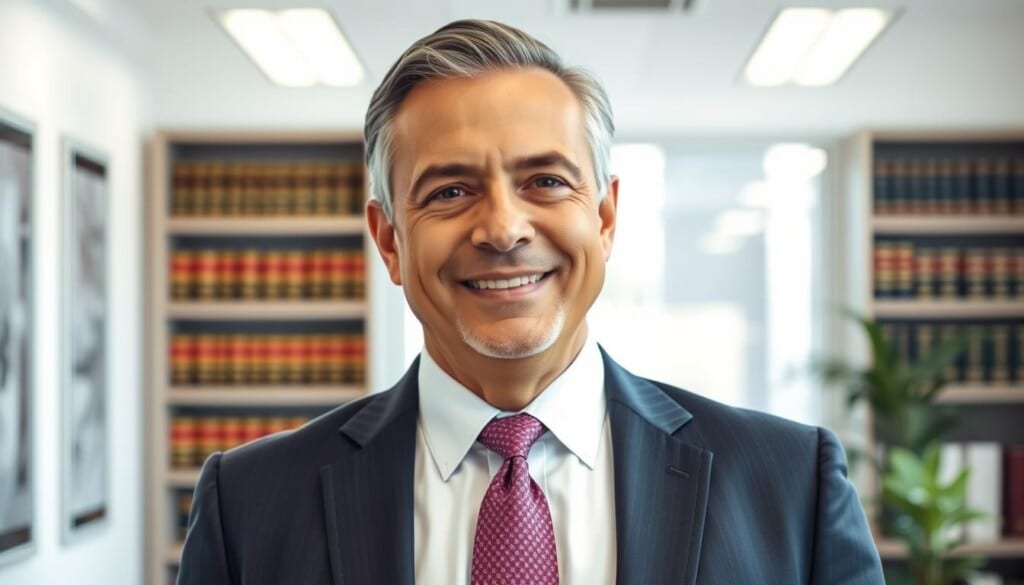 A well-dressed, authoritative-looking man in a suit and tie, standing confidently in a modern, well-lit office. The background is clean and professional, with shelves of law books and a large window providing natural light. The man's expression is friendly yet assuring, conveying his expertise in navigating the complexities of social security benefits. The overall scene evokes a sense of trust, competence, and the ability to guide clients through the legal process.