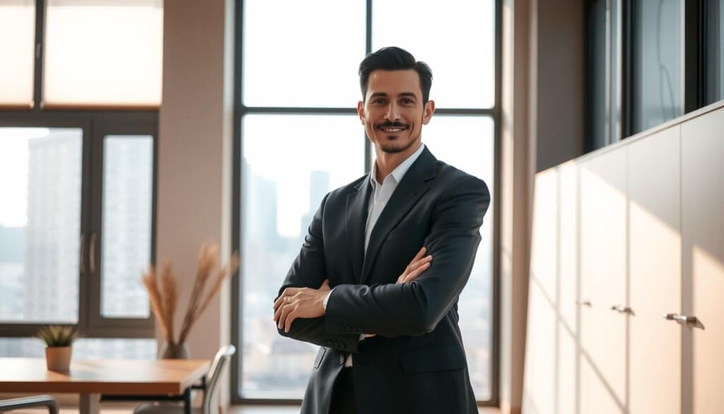 A well-dressed, confident attorney standing in a modern, minimalist law office. Warm lighting casts a professional glow, while floor-to-ceiling windows provide a scenic backdrop of a city skyline. The attorney's expression conveys compassion and expertise, ready to guide clients through complex child custody matters. Neutral, muted tones create a calming atmosphere, underscoring the attorney's role as a trusted advisor. The composition places the attorney as the central focus, conveying their authority and dedication to their field.