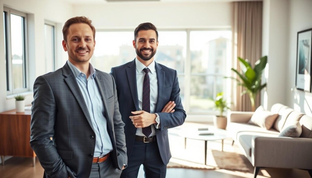 A well-dressed, friendly mortgage broker stands in a modern, minimalist office, sunlight streaming through large windows. The broker's warm smile and approachable demeanor invite the viewer to discuss their home financing needs. The office features clean lines, subtle decor, and a cozy seating area, conveying professionalism and a commitment to personalized customer service. The scene emanates a sense of trust, expertise, and a desire to guide the client towards the most suitable mortgage solution.