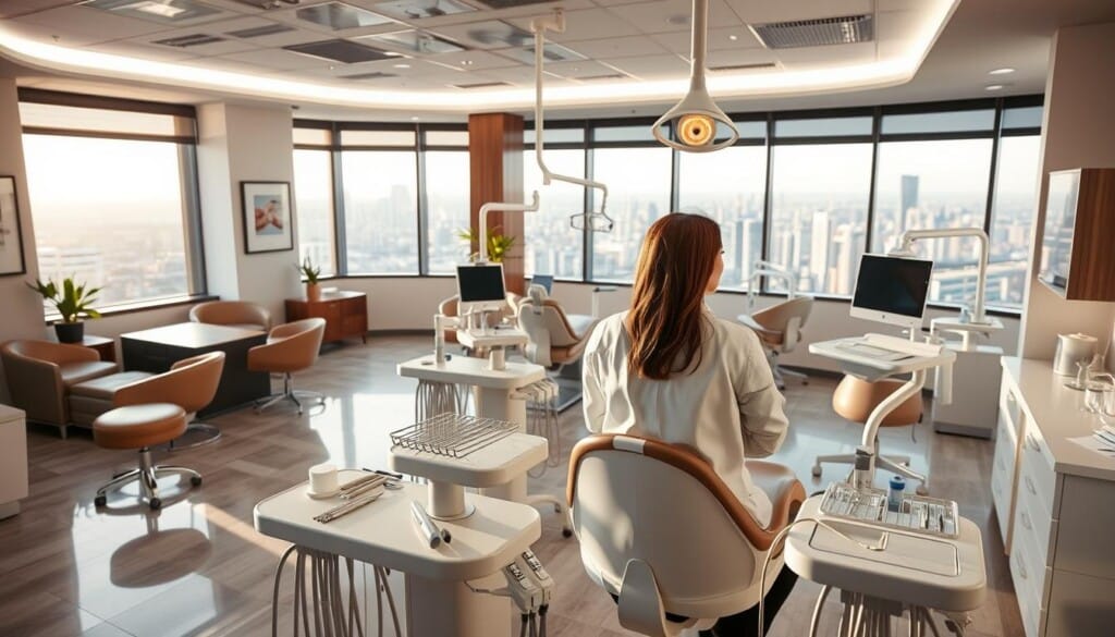 A well-equipped and modern dental clinic, with plush waiting areas and state-of-the-art examination rooms. In the foreground, a dentist consults with a patient, discussing cosmetic treatments like veneers, whitening, and orthodontics. The middle ground showcases a range of dental tools and equipment, while the background features panoramic windows overlooking a vibrant cityscape. Soft, natural lighting filters in, creating a calming and professional atmosphere. The scene conveys the expertise and care offered by the clinic, catering to those seeking to enhance their smile and boost their confidence.