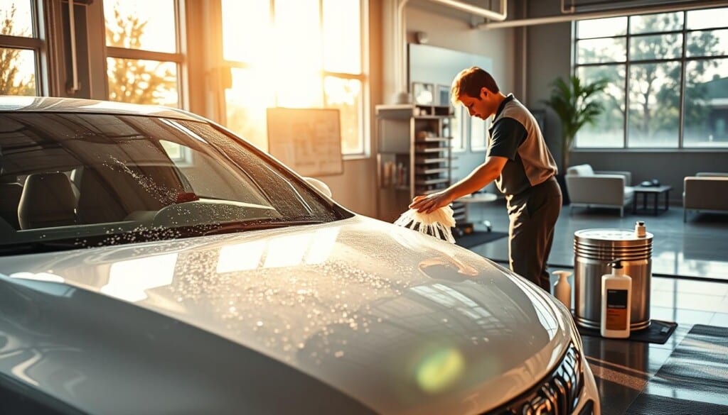 A well-equipped auto detailing service center, bathed in warm natural lighting streaming through large windows. The foreground features a spotless luxury sedan receiving a meticulous hand-wash, with a skilled technician meticulously scrubbing every surface. In the middle ground, gleaming tools and high-quality detailing products are neatly organized, conveying professionalism and attention to detail. The background showcases a serene, modern waiting area with plush seating, offering a comfortable experience for customers. The overall mood is one of precision, care, and a commitment to delivering the highest quality auto detailing services.