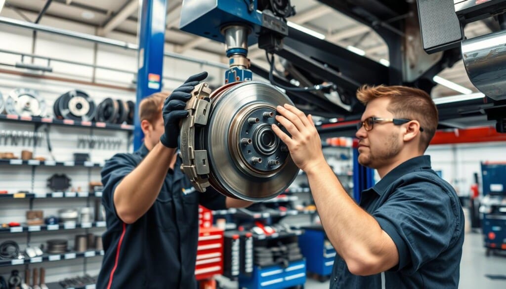 A well-equipped brake repair shop with advanced diagnostic tools and specialized equipment. In the foreground, a technician examines a set of brake calipers on a hydraulic lift, carefully inspecting for wear and damage. The middle ground showcases an array of brake parts, including rotors, pads, and sensors, neatly organized on shelves. The background features a modern, well-lit workshop with high ceilings, ample workspace, and a variety of specialized tools and machines, conveying a sense of expertise and professionalism. The overall atmosphere is one of precision, attention to detail, and a commitment to providing top-notch brake services.