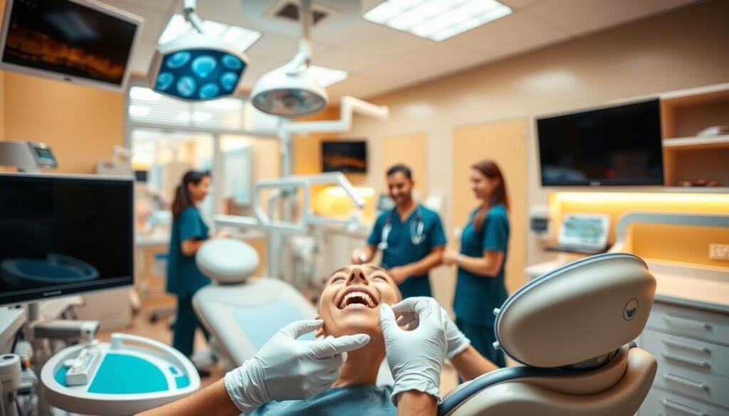 A well-equipped dental clinic filled with state-of-the-art equipment and smiling staff, capturing the professionalism and expertise of local oral surgeons. The scene depicts a bright, modern interior with warm lighting, clean surfaces, and a welcoming atmosphere. In the foreground, a friendly dentist in scrubs examines a patient's teeth, while in the background, other staff members assist patients and maintain the clinic's pristine appearance. The overall image conveys the convenience, quality, and personalized care that patients can expect from trusted, community-based oral surgery experts.