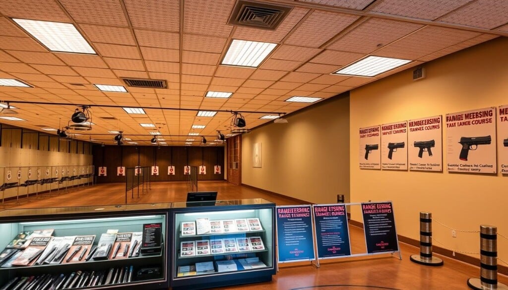 A well-equipped indoor gun range with a bright, airy atmosphere. High ceilings, clean concrete floors, and an array of target distances. In the foreground, a glass-enclosed customer service counter displays various membership packages and options. On the walls, informative posters highlight the benefits of range membership - discounted lane fees, free firearm rentals, exclusive access to training courses, and a members-only lounge. The lighting is warm and even, capturing the professional, yet inviting vibe of the facility. The overall scene conveys a sense of safety, education, and community for passionate shooters.