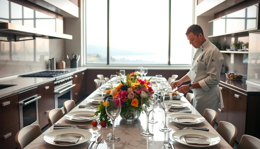A well-equipped kitchen with gleaming stainless steel appliances and marble countertops. In the foreground, a personal chef in a crisp white uniform expertly prepares a gourmet meal, surrounded by fresh ingredients and vibrant herbs. The middle ground features a dining table set with fine china, crystal glassware, and a centerpiece of seasonal flowers, creating an inviting atmosphere. In the background, large windows offer a scenic view, bathing the scene in warm, natural lighting. The overall mood is one of elegance, culinary expertise, and the promise of an elevated dining experience.