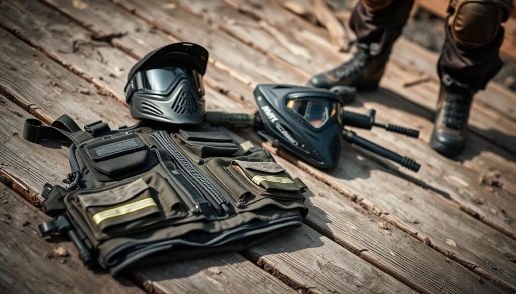 A well-equipped paintball player's gear, laid out on a rugged wooden surface. In the foreground, the tactical vest features MOLLE webbing, myriad pockets, and high-visibility accents. Beside it, a sleek paintball mask with a wraparound visor and ventilation ports. In the middle ground, the high-impact paintball marker, its barrel and body adorned with combat-inspired graphics. In the background, the player's padded pants and boots, ready for the intense action of the paintball field. Soft, directional lighting casts dramatic shadows, heightening the sense of preparation and anticipation. The overall scene conveys the precision, protection, and power of the essential paintball gear.