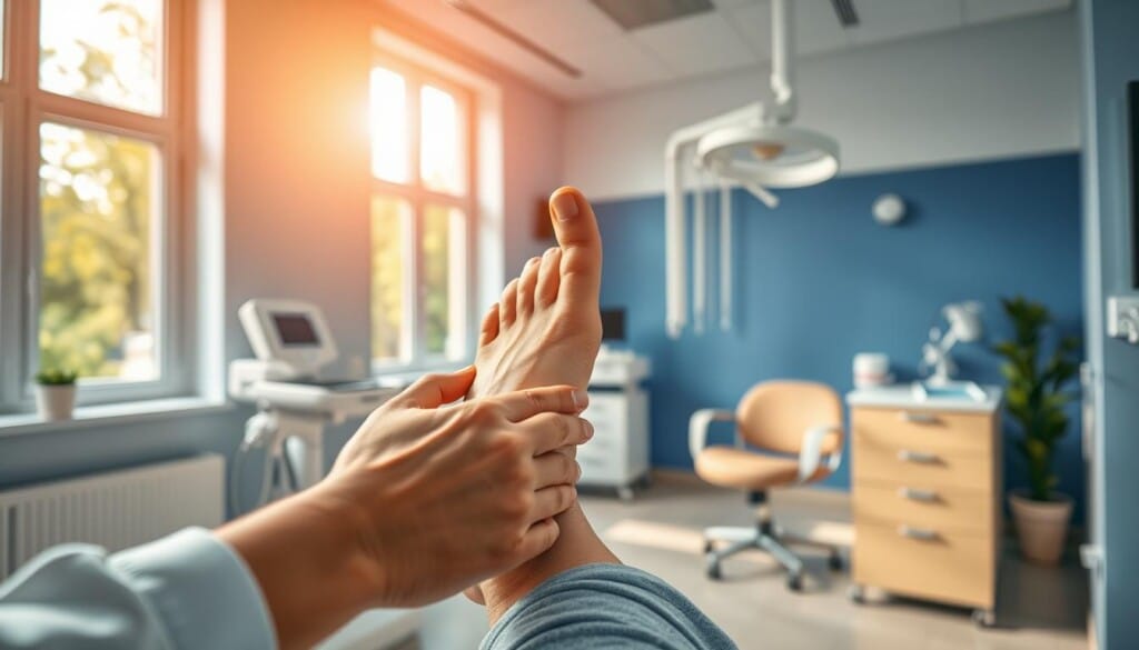 A well-equipped podiatry clinic, illuminated by warm, natural lighting filtering through large windows. In the foreground, a podiatrist's hands expertly examining a patient's foot, showcasing their years of training and expertise. The middle ground features modern medical equipment and tools, conveying the clinic's advanced capabilities. The background depicts soothing, serene decor, creating a calming atmosphere for the patient. The composition emphasizes the podiatrist's professionalism, the clinic's high-quality care, and the benefits of seeking specialized foot and ankle treatment.