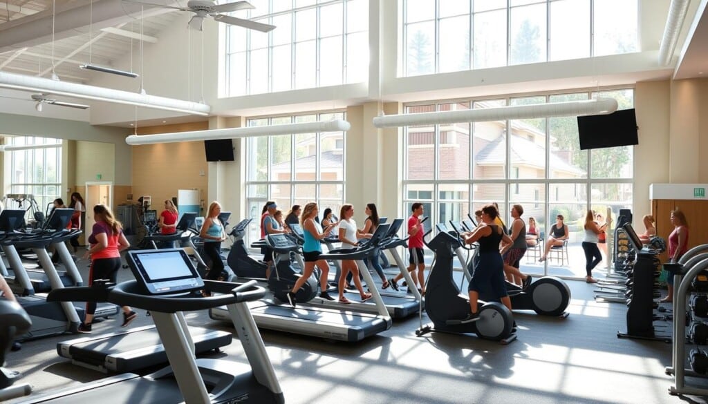 A well-equipped, spacious fitness center in a modern recreation center. The foreground features a variety of exercise machines, including treadmills, ellipticals, and weight racks. The middle ground showcases a group of people working out, their faces filled with determination. Natural light streams in through large windows, casting a warm, energizing glow over the scene. The background reveals additional amenities such as a basketball court, a swimming pool, and a yoga studio, all seamlessly integrated into the vibrant, community-focused atmosphere of the recreation center.