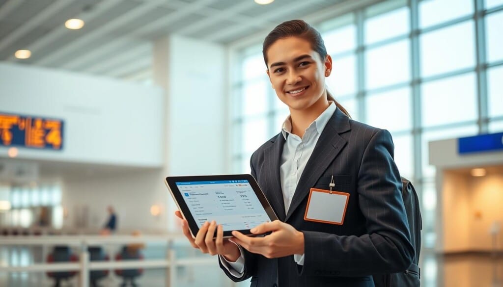A well-equipped travel assistant standing in a modern airport terminal, holding a tablet displaying a flight itinerary and travel information. The assistant is dressed in a crisp, professional uniform, exuding an air of competence and attentiveness. The background features clean, minimalist architectural elements, with natural light streaming in through large windows, creating a sense of openness and efficiency. The overall mood is one of streamlined, personalized service, reflecting the premium travel experience.