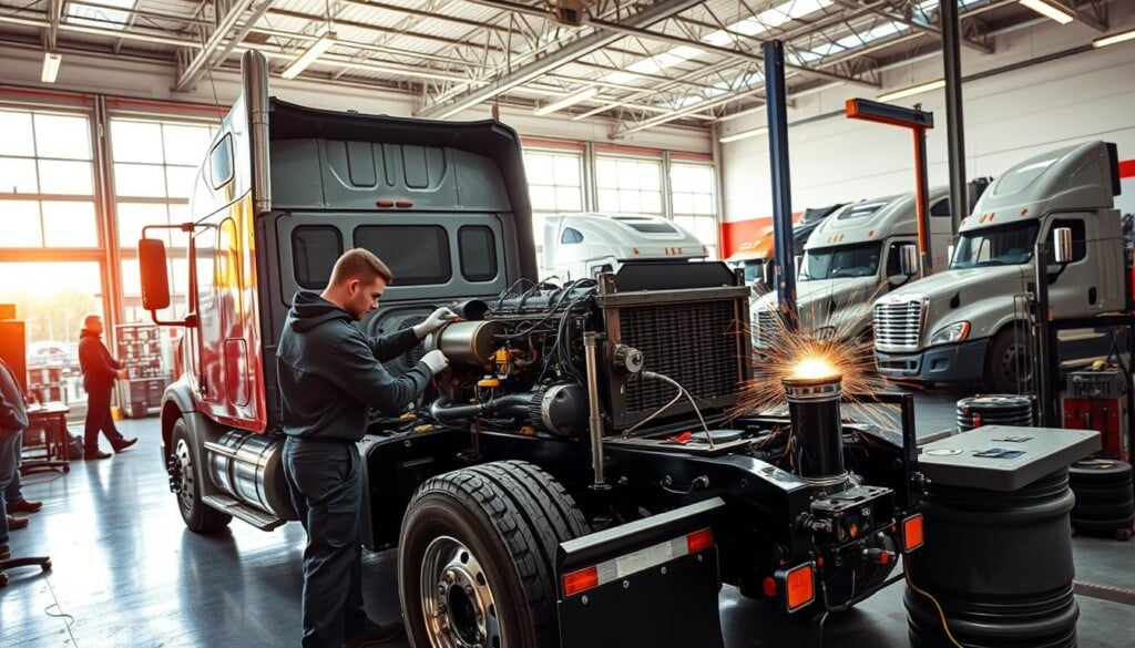 A well-equipped truck repair shop, with a team of skilled mechanics working on various vehicles. The bright, spacious interior is illuminated by natural light filtering through large windows, casting a warm, inviting glow. In the foreground, a technician carefully examines the engine of a heavy-duty commercial truck, surrounded by an array of specialized tools and diagnostic equipment. In the middle ground, another mechanic is welding a custom part, sparks flying as they expertly shape the metal. In the background, additional trucks are parked, awaiting their turn for expert maintenance and repair. The atmosphere is one of organized efficiency and technical mastery, reflecting the specialized nature of the services offered.