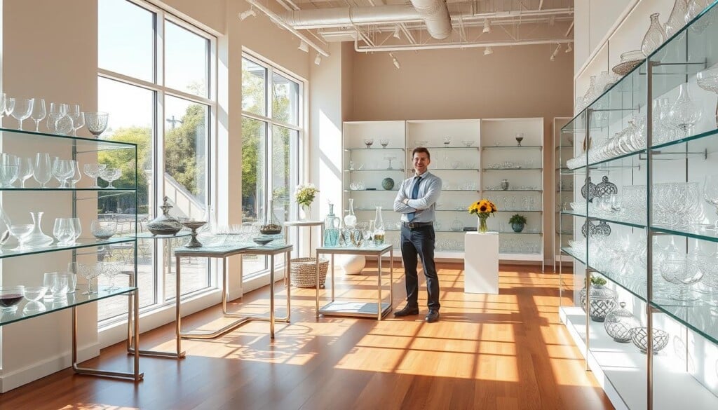A well-lit, airy glass store interior with natural lighting streaming through large display windows. A variety of glass products are showcased on minimalist shelves and stands, highlighting their quality and craftsmanship. The floor is polished hardwood, and the walls feature a neutral color palette that complements the glass pieces. A knowledgeable sales associate stands ready to assist customers, creating an inviting and helpful atmosphere. The overall scene conveys a sense of professionalism, attention to detail, and a commitment to providing the best shopping experience for customers seeking the perfect glass items for their needs.