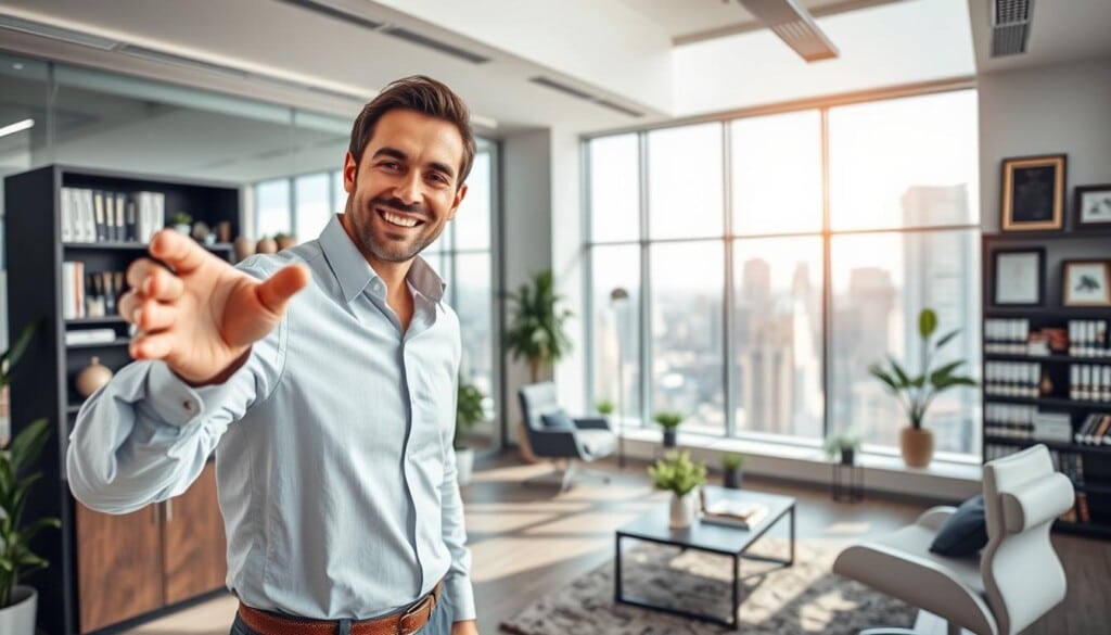 A well-lit, airy real estate office interior with large windows overlooking a vibrant cityscape. In the foreground, a realtor enthusiastically gestures towards a touchscreen display showcasing property listings, their warm, friendly demeanor inviting the viewer to engage. The middle ground features modern, ergonomic furniture and decor, exuding a sense of professionalism and expertise. In the background, shelves of real estate guides and framed accolades suggest the realtor's deep industry knowledge and commitment to client success. Soft, directional lighting casts a welcoming glow, creating an atmosphere of trust and reliable guidance.