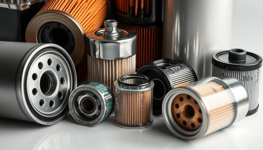 A well-lit and detailed close-up view of various oil filters, including standard spin-on, cartridge, and transparent designs, displayed on a clean, contrasting background. The filters are shown from multiple angles, with crisp textures and materials clearly visible, allowing the viewer to examine their construction and features. The lighting captures the metallic sheen and intricate details of the filters, creating a sense of depth and highlighting their importance in proper vehicle maintenance. The overall composition conveys a sense of professionalism and expertise, suitable for an informative article on oil change services.