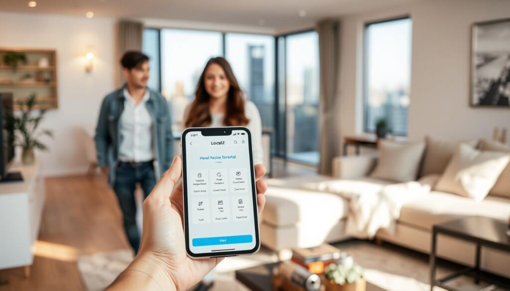 A well-lit and inviting rental property with modern furnishings and decor. In the foreground, a young professional couple explores the open-concept living room, their expressions conveying a sense of satisfaction and comfort. In the middle ground, the LocalZ app is prominently displayed on a tablet, showcasing its intuitive interface and features that enhance the rental experience. The background depicts a vibrant urban skyline, hinting at the convenient location and amenities nearby. The overall scene radiates a polished, high-end atmosphere, reflecting the seamless integration of technology and design that LocalZ provides to elevate the rental experience.
