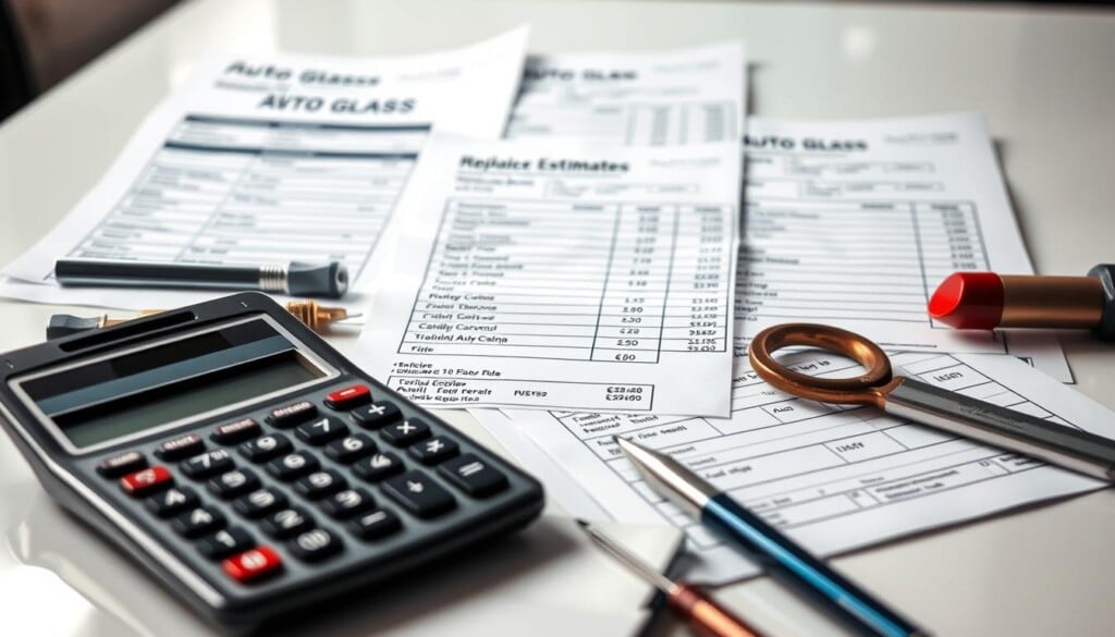 A well-lit and meticulously detailed close-up shot of several auto glass repair cost estimates, showcasing various price points and service options. The foreground features a calculator, a notepad, and a selection of tools, neatly arranged on a clean, professional-looking desk. The middle ground displays several invoices and price lists, with clear and legible cost breakdowns. The background subtly blurs, creating a sense of depth and focus on the key information. The overall scene conveys a sense of organization, attention to detail, and a commitment to providing transparent and reliable auto glass repair services.
