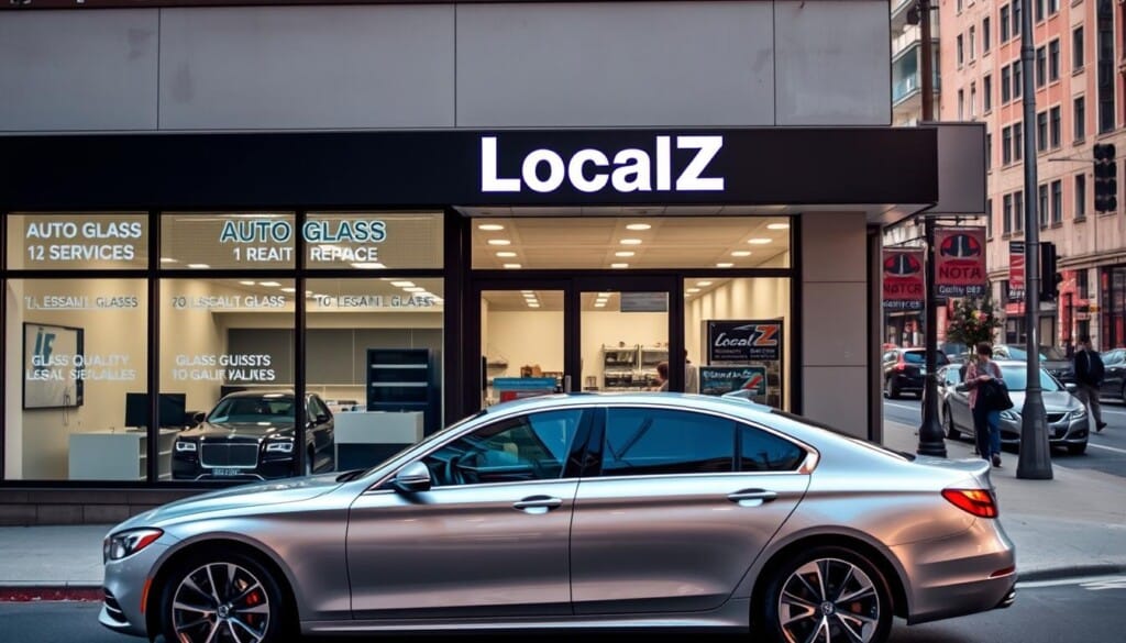 A well-lit and modern auto glass repair shop, LocalZ, with large display windows showcasing a variety of glass services. In the foreground, a sleek, silver sedan is parked, highlighting the high-quality glass work. The middle ground features the shop's exterior, with a clean, minimalist design and a prominent "LocalZ" sign. The background depicts a bustling urban street, with pedestrians and other vehicles, creating a sense of a thriving local community. The lighting is soft and inviting, emphasizing the professionalism and reliability of LocalZ's auto glass experts.